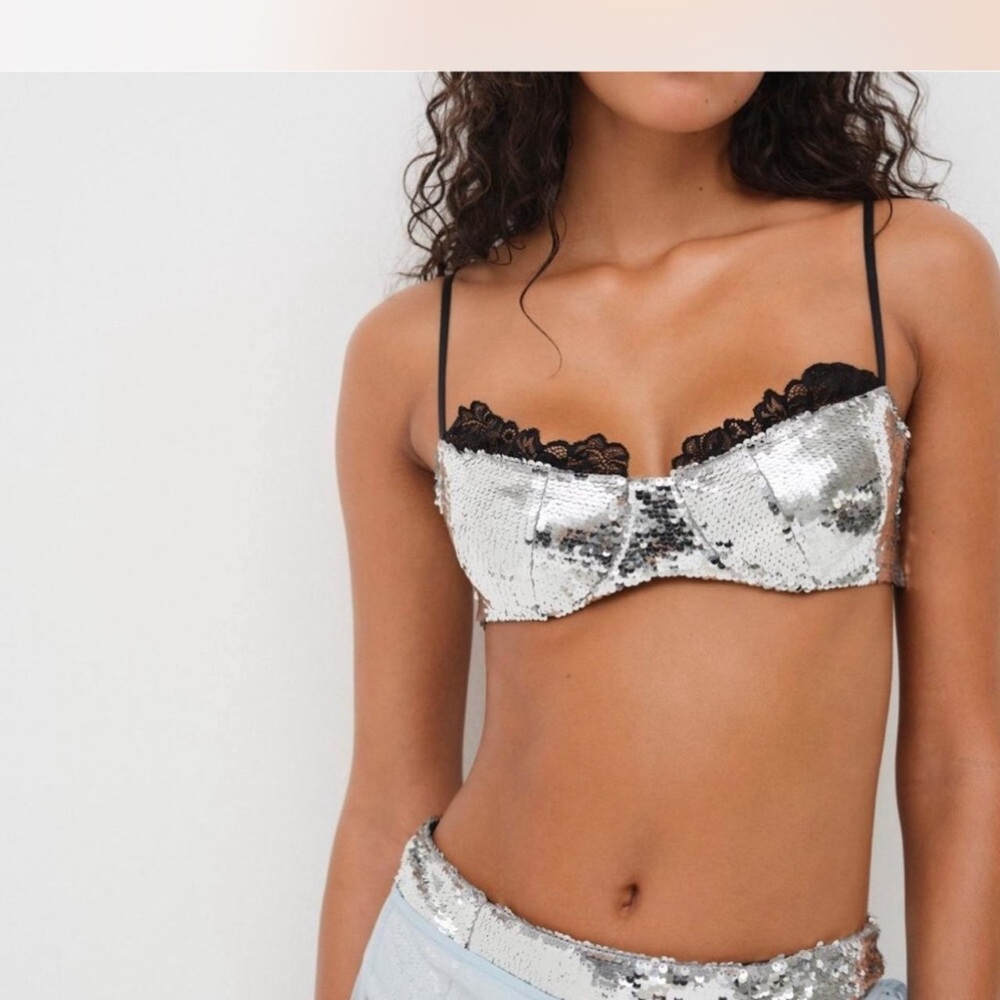 NWT FOR LOVE AND LEMONS x VS Sequin Silver Bralette with Black Lace Trim